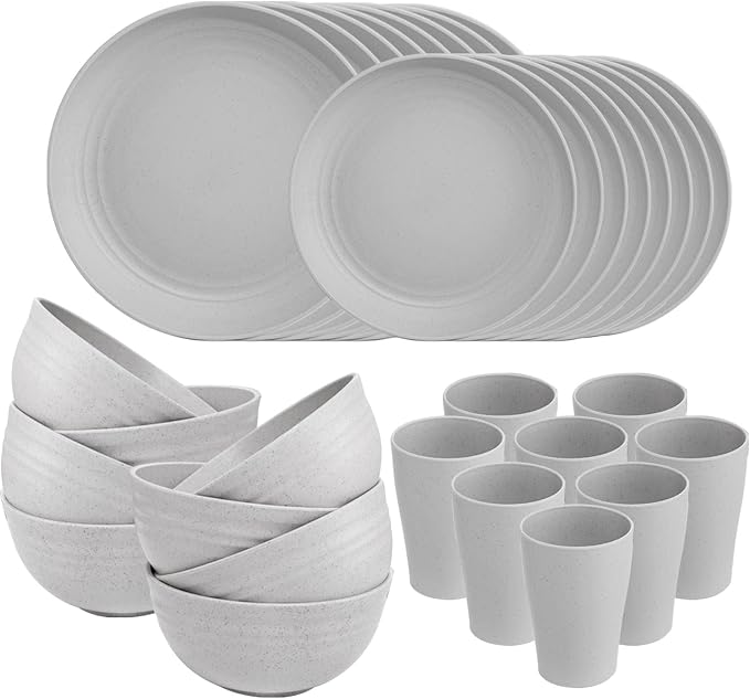 32Pcs Grey Wheat Straw Dinnerware Sets, Unbreakable Dish Set For 8 | Reusable Plastic Plate Set For Outdoor Camping And RV, Lightweight Elegant Plates For Family Daily Dining
