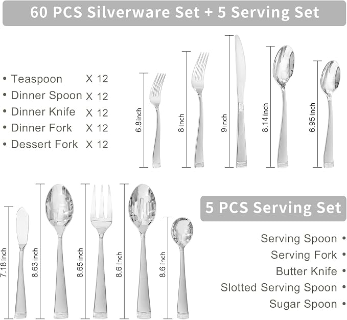 65-Piece Flatware Set, 18/10 Stainless Steel Utensil for 12 | Bead Edge Design, Matte Silver Finish, Dishwasher Safe, Elegant Table Setting, Daily Dining & Special Occasions