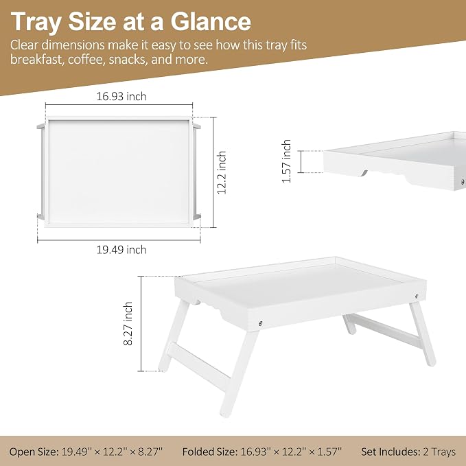Bamboo Breakfast Trays with Folding Legs, Large, 2-Pack, White | Set of 2 large bamboo bed trays with folding legs and wave handles for meals, laptops and serving in bed.