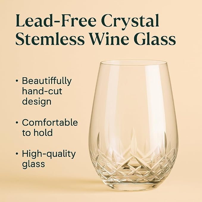 SHOSHIN Stemless Wine Glasses Set of 4, Hand Cut Crystal Wine Glasses, 18 oz Lead-Free Crystal Drinking Glasses with Gift Box, Elegant Glassware for Red Wine, White Wine, Cocktails, Wedding Gifts