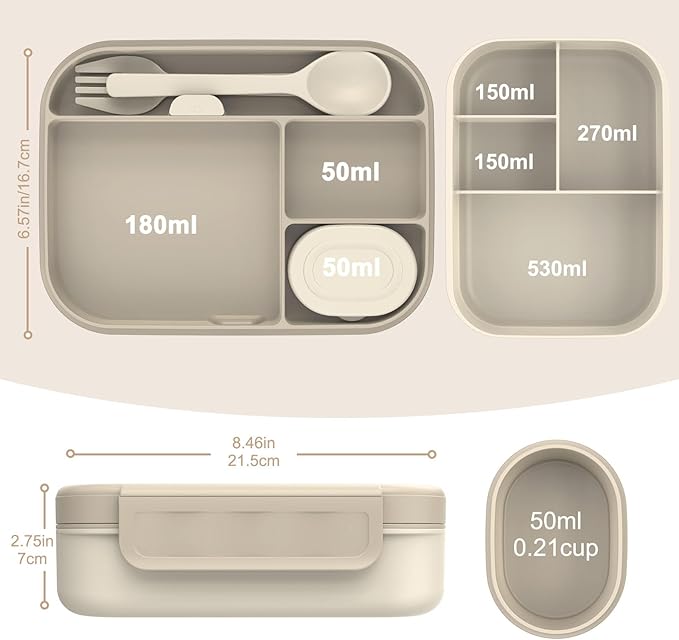 Caperci Stackable Bento Lunch Box for Adult & Teens - Reinforced Leak-Proof Lunch Container 4-Compartment with Utensils & Sauce Container, BPA-Free, Dishwasher/Microwave Safe, 47oz (Pale Mocha)