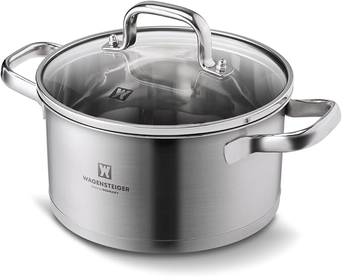WAGENSTEIGER 2.82 Quart Stainless Steel Stock Pot, 3-Ply Construction with Aluminum Core, Tempered Glass Lid, Compatible with All Cooktops BPA free(7.68" Diameter)