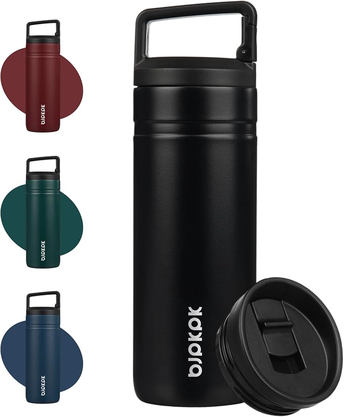 BJPKPK 20 oz Insulated Travel Water Bottle, Coffee Tumbler Stainless Steel | Double Wall Vacuum, Leakproof, Thermal, Keeps Hot/Cold, BPA Free, Dishwasher Safe, Spill Proof, Wide Mouth, 2 Lids, Black
