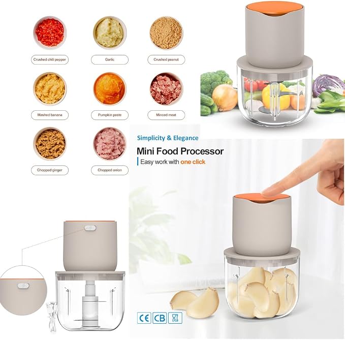 2.5 CUP Electric Food Chopper,Small Food Processor for Meat,Onion | 600ML Mini Food Processor, Chopper Vegetable Cutter,Meat Chopper Blender,Kitchen Utensils for Ginger, Chili, Fruit, Spices