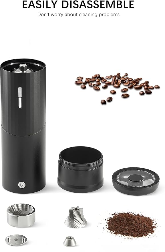 Electric Coffee Grinders, Portable Burr Grinder Capacity 50g w/Magnetic Cover,External Adjustable Setting, Aluminum Alloy Body, 800mAh Battery(Stand not Included) (Silver)