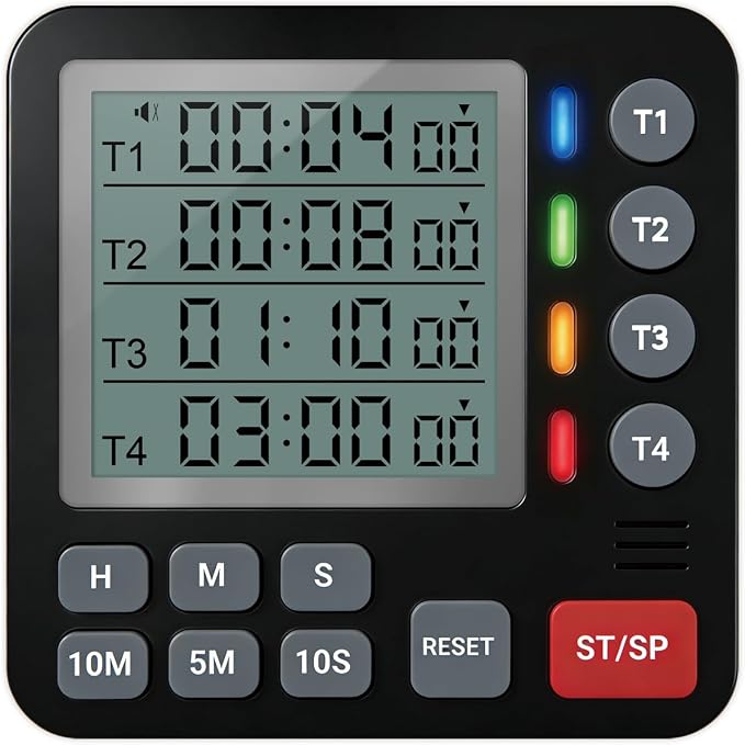 TPNEG Digital Kitchen Timer - 4-Channel Cooking Timer with Alarm, Magnetic Back, Loud & Silent Modes, Count Up/Down, Ideal for ovens, Seniors, Kids and classrooms, Replaceable AAA Battery