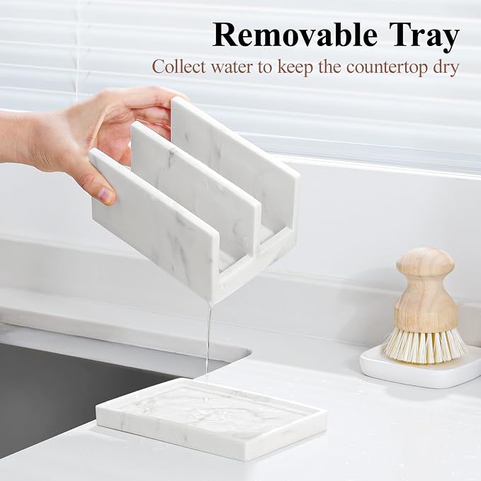 Luxspire Kitchen Sponge Holder wtih Drain Tray, 2 Compartment, Gravel White | Diatomite Stone Material, Quick-Drying & Water Absorbing stone dish sponge, For Kitchen Sink Counter, Easy to Maintain