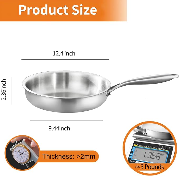 DELARLO Tri-Ply Stainless Steel Pan,18/10, 12.5" | Nontoxic Durable Oven Safe 800℉ All Cooktops Compatible Fast Even Heat PFOA Free Large Frying Pan Nontoxic Cookware