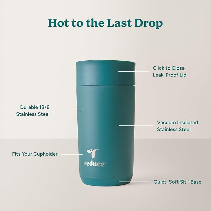 REDUCE Perk 10oz Insulated Coffee Tumbler – Leak-Proof with Lockable Lid and Vacuum Insulation–Durable Stainless Steel–Fits Car Cup Holders – One-Handed Travel Mug in Sand Leopard Print - Eternal Teal