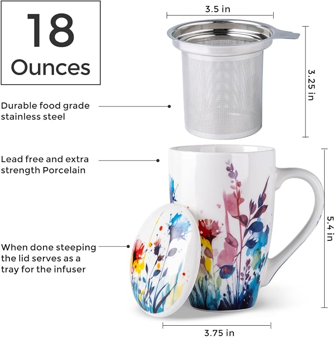AmorArc Tea Cup With Infuser and Lid, 18oz Loose Leaf Tea Mug With Steeper | Porcelain Tea Mug With Infuser and Lid, Strainer Tea Cup for Tea Lovers, Home & Office, Housewarming Birthday Gift