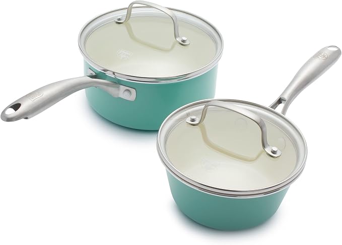 GreenLife Artisan Healthy Ceramic Nonstick, 1QT and 2QT Saucepan Pot Set with Lids, Stainless Steel Handle, Induction, PFAS-Free, Dishwasher Safe, Oven Safe, Turquoise