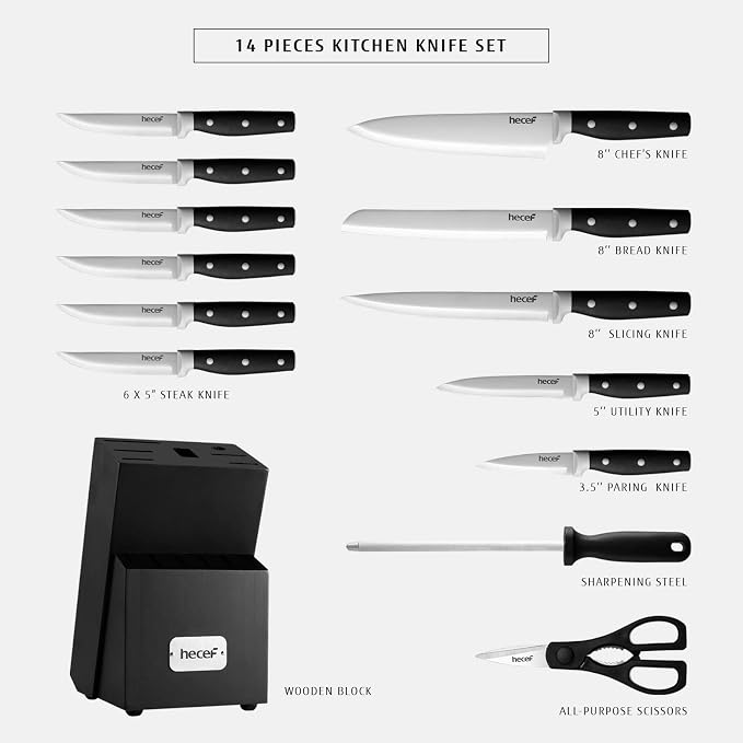 hecef Kitchen Knife Block Set, 14 Pieces Knife Set with Wooden Block & Sharpener Steel & All-purpose Scissors, High Carbon Stainless Steel Cutlery Set (Black) | Dishwasher Safe, High Carbon Stainless Steel, Includes Steak Knives & Kitchen Scissors