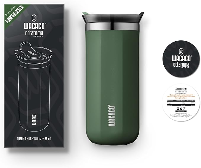 WACACO Octaroma Grande Vacuum Insulated Coffee Mug, 15 fl oz (435ml), Double-wall Stainless Steel Travel Tumbler With Drinking Lid, Pomona Green