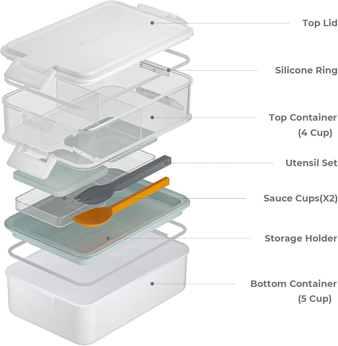 Stackable 2-Tier Adult Bento Box, 4 Compartments - Chalk White | leakproof sauce cups, utensil set included, microwave & dishwasher safe, 7 colors available, ideal for work/school/picnic
