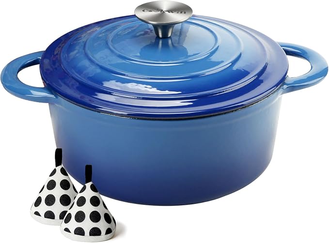 5QT Cast Iron Dutch Oven with Lid, Heavy-Duty Enameled Soup Pot with Dual Handles and Oven Safe for Bread Baking, Braising, Cooking and Family Gifts, Blue