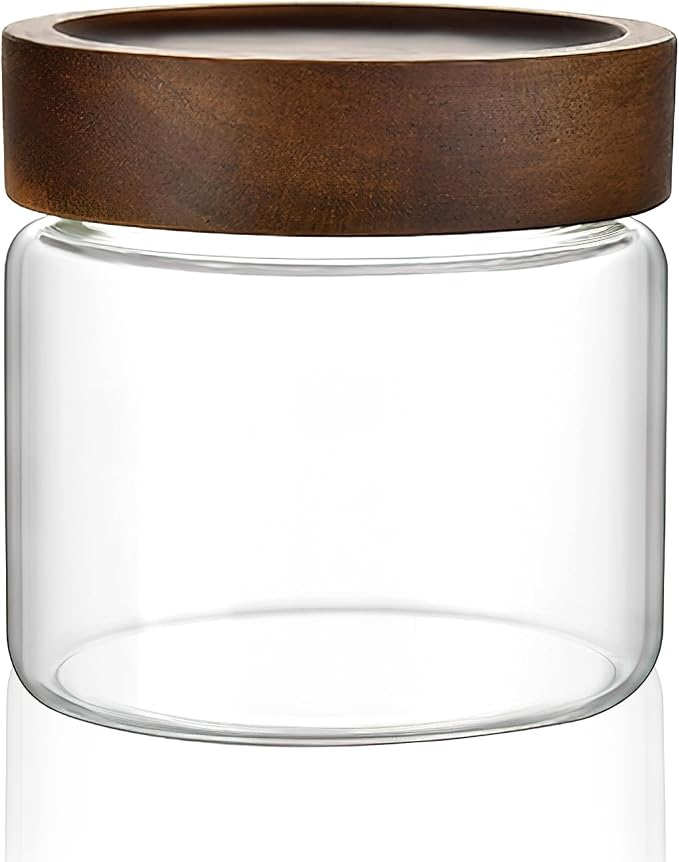 17 oz/500 ml Clear Glass Storage Canister with Airtight Wooden Screw Lid, Small Cute Decorative Glass Container Jar for Coffee,Spice,Candy,Salt,Cookie,Condiment,Pepper,Sugar,Overnight Oatmeal