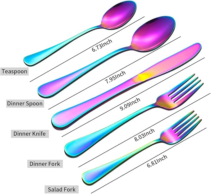 Rainbow Silverware Flatware Set for 8, 40 piece Stainless Steel Colorful Cutlery With Titanium Plated, Tableware Kitchen Eating Utensil Set Include Knife/Fork/Spoon, Mirror Polished, Dishwasher Safe