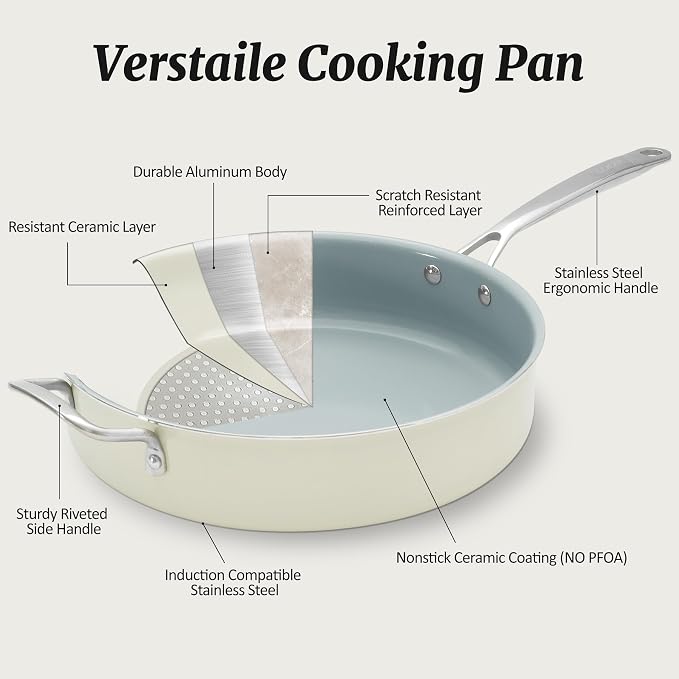 Nonstick Sauté Pan with Lid 5 QT Deep Frying Pan with Stainless Steel Handle 12 inch Large Skillet Ceramic Jumbo Cooker for Cooking Induction Compatible Frying Pan, Cream White