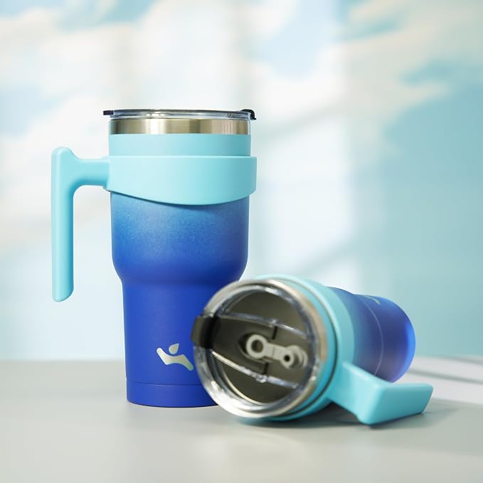 Konokyo 20 oz Tumbler with Handle and Straw, Insulated Travel Mug | Sky; BPA-free, leak-proof tumbler with 2 lids, 2 straws, cup holder fit for coffee, office, travel & daily use