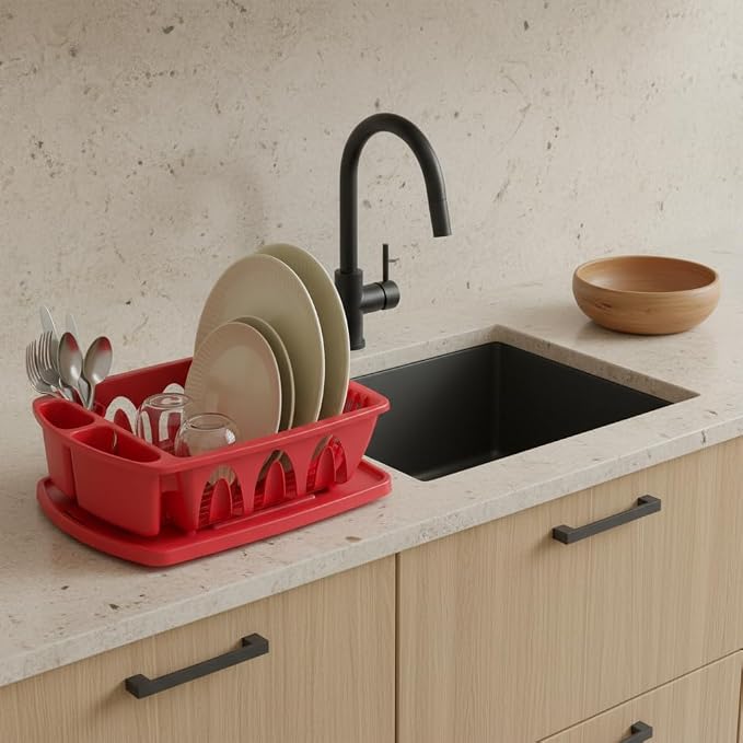Tribello Sink Dish Drying Rack, Heavy Duty Hard Plastic Sink Set with Drainer (Red)