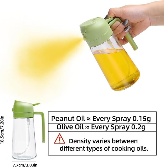 Aovdy Oil Sprayer for Cooking 16oz,2 in 1 Olive Oil Dispenser and Oil Sprayer - 470ml Olive Bottle Spray and Pour - Glass Oil Dispenser for Kitchen Cooking Salad BBQ (2PCS-White & Green)