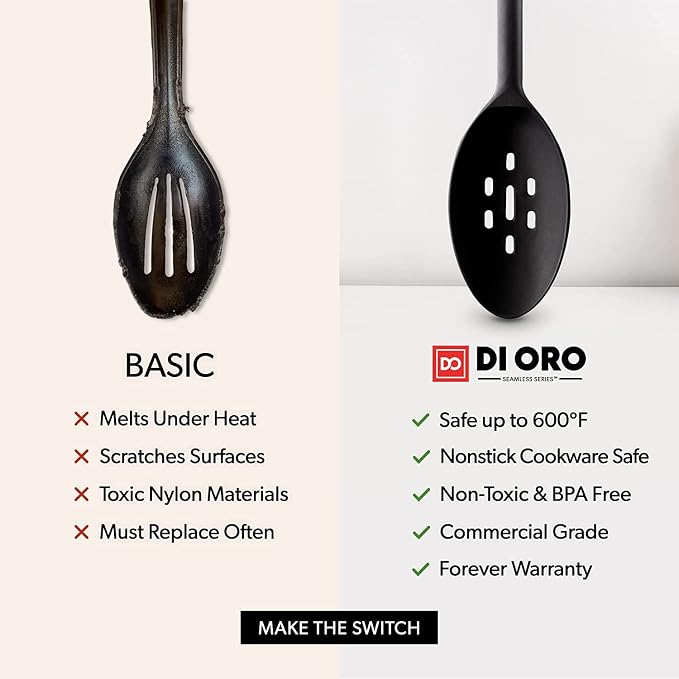 DI ORO Silicone Cooking Spoons - Solid & Slotted Set, 2-Pc Black | Large heads for mixing, serving, and stirring; Heat-resistant to 600F for nonstick cookware; BPA-free and dishwasher safe
