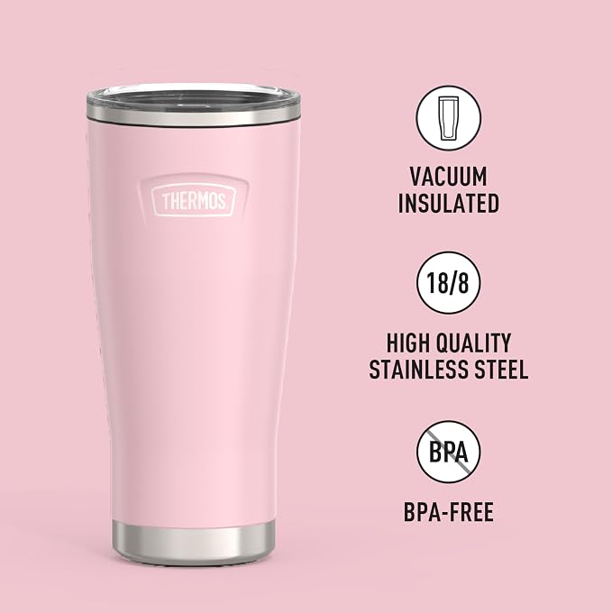 THERMOS Icon Series 24oz Stainless Steel Tumbler with Slide Lock Lid, Leakproof, Fits Cupholder, Dishwasher Safe, Griptec™ Non‑Slip Base, Keeps Drinks Hot 6 Hrs/Cold 22 Hrs, Sunset Pink