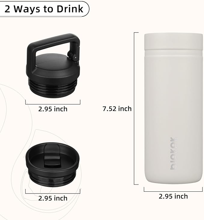 BJPKPK 20 oz Insulated Travel Water Bottle, Coffee Tumbler Stainless Steel | Double Wall Vacuum, Leakproof, Thermal, Keeps Hot/Cold, BPA Free, Dishwasher Safe, Spill Proof, Wide Mouth, 2 Lids, Milky