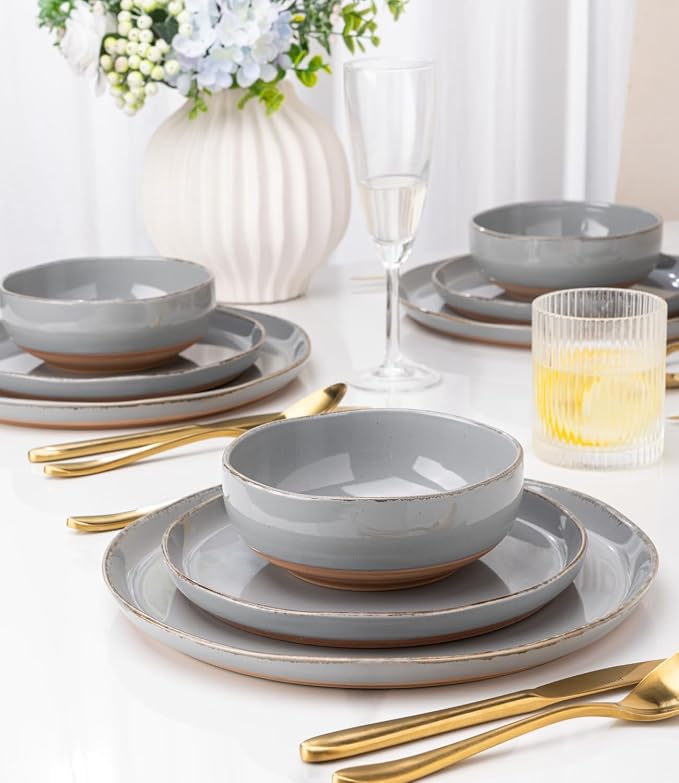 AmorArc Dinnerware Sets for 4, 12 Pieces Ceramic Plates and Bowls Set | Scratch Resistant Stoneware Dishes Set, Dishwasher & Microwave Safe,Gray