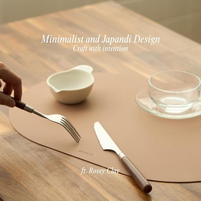 Clay Pink Oval Silicone Placemats Set of 6 – Heat Resistant, Waterproof, Easy to Clean Non-Slip Modern Dining Table Mats – Premium Leather Textured Japandi Kitchen Decor