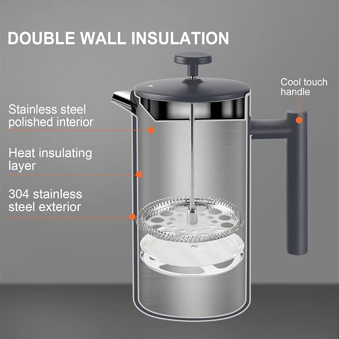 Secura French Press Coffee Maker, 304 Grade Stainless Steel Insulated Coffee Press with 2 Extra Screens, 34oz (1 Litre), Grey
