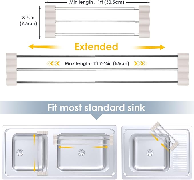 Tomorotec Adjustable Over-The-Sink Kitchen Rack, BPA-Free, White | Holds 16.5 Lbs; For Dishcloths, Sponges, and Brushes - Heat-Resistant Stainless Steel with Slim, Expandable Design