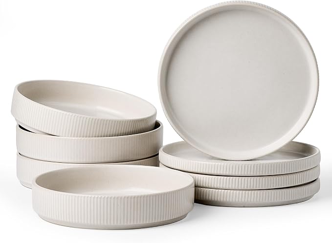 Stoneware Dinnerware Sets for 4, 8-Piece Wide Pasta Bowls and Salad Plates | Famiware Premium Ceramic Dishes, Chip & Scratch Resistant, Microwave & Dishwasher Safe, Everyday & Serving Use, Matte White