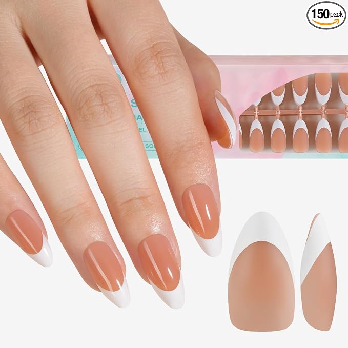 Misssix 150Pcs French Tip Press on Nails Medium Almond Brown Gel Fake Nails | No Need to File Tips Pre-lasting, Fake Nails for Nail Art DIY 15 Sizes