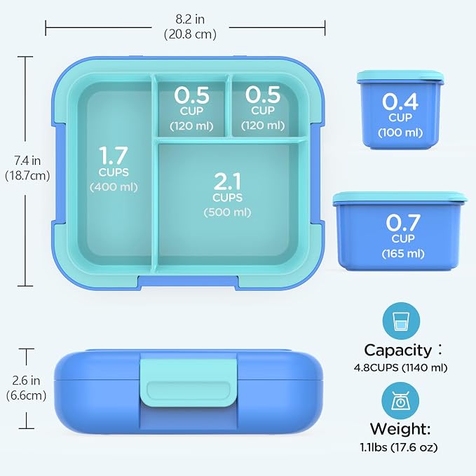 Caperci Bento Box for Kids Age 4-8 - Leak-Proof Toddler Lunch Box Container with 2 Modular Containers & 4 Compartments, Hold 4.8 Cups, Portable Handle, BPA-Free, Microwave/Dishwasher Safe (Sea Life)