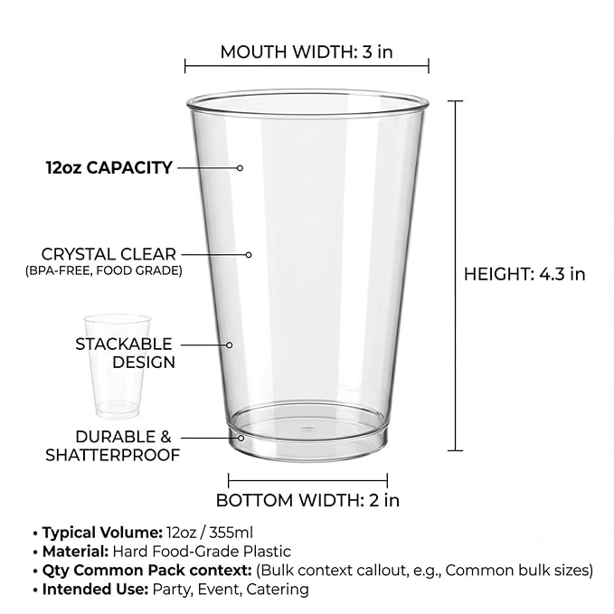 Byvivace 100Counts 12 OZ. Hard Plastic Cups Fancy Disposable Cups for Party, Clear Elegant Wedding Cups Disposable Wine Glasses for Wine, Juice, Cocktails and Cold Beverages