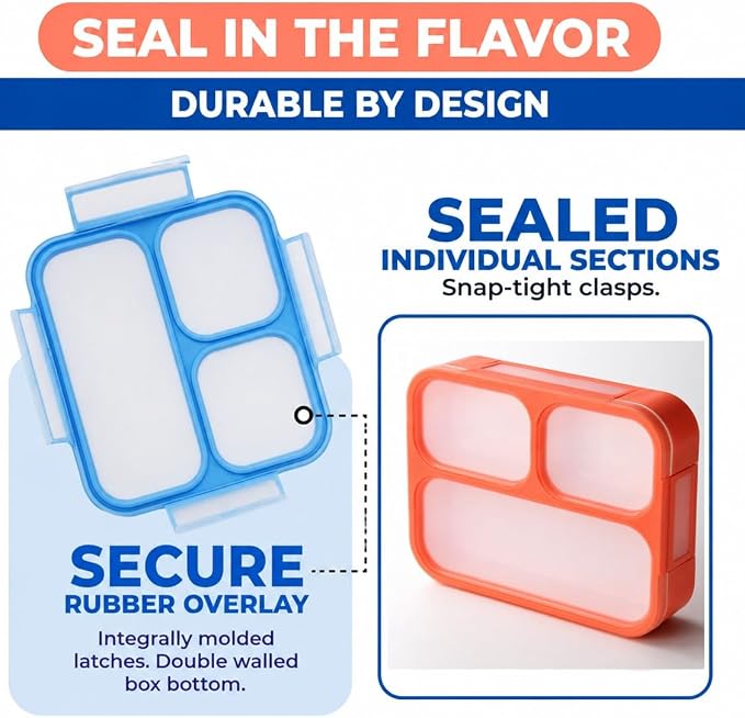 Kinsho Bento Lunch Boxes For Adults Or Kids | Large 3 Compartment Containers With Dividers For Meals And Snacks For School Or Work Lunches, Women Men Includes Utensils | Coral Blue 2 Pack
