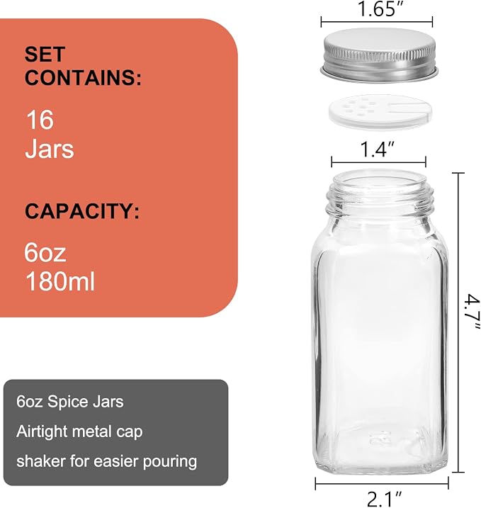 16 Pack 6oz Glass Spice Jars with Shaker Lids,Empty Square Spice Containers | 180ml Seasoning Bottles with 80 Black Labels for Kitchen Storage(Chalk Marker,Funnel and Brush include)