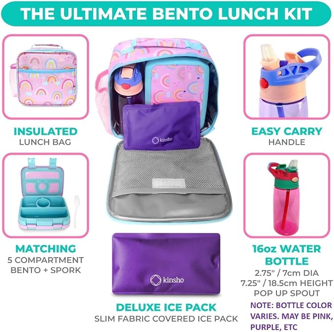 Bento Lunch Box with Insulated Bag, Water Bottle & Ice Pack Set for Kids Toddlers, 4 Portion Sections, Removable Tray, Pre-School Girl Kid Toddler Daycare Lunches, Snack Container, Purple Rainbow