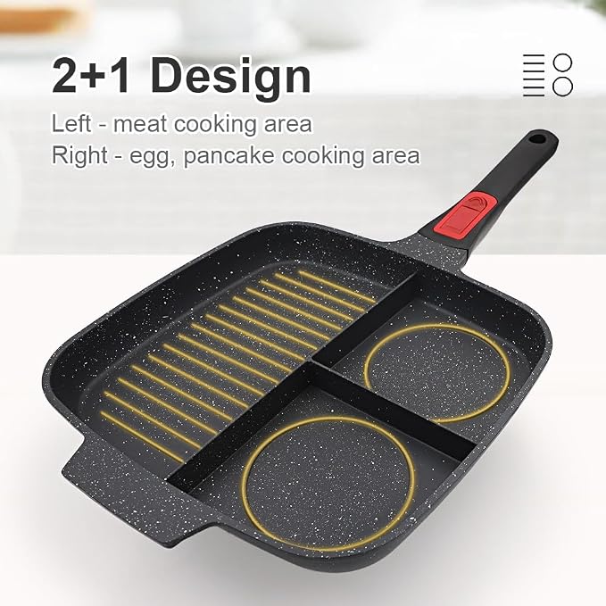 3 in 1 Grill Pan for Stove Tops with Detachable Handle, Nonstick Versatile Griddle Divided Pan, Square Skillet PFOA Free, Black