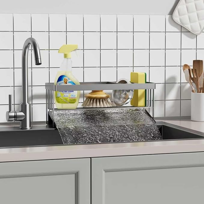 Kitchen Sink Caddy Organizer for Kitchen Countertop Organizers Grey | 304 Stainless Steel, Removable Drip Tray, Home Decor Accessories