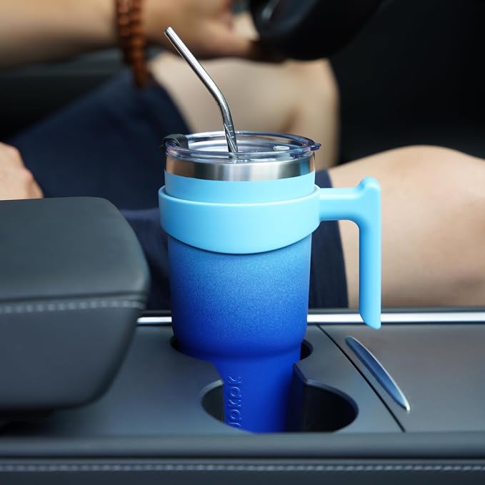 BJPKPK 40 oz Tumbler with Handle & Straw, Insulated Stainless Steel Mug | Double Wall Vacuum, Keeps Hot/Cold, Thermal Cup, BPA Free, Dishwasher Safe, Cupholder Fit, Coffee & Travel, Sky