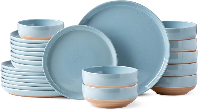 AmorArc Dinnerware Sets for 8, 24 Pieces Ceramic Plates and Bowls Set | Scratch Resistant Stoneware Dishes Set, Dishwasher & Microwave Safe, Stone Blue