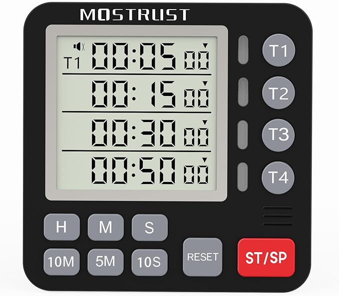 Digital Dual Kitchen Timer, Multiple Channels Countdown Timer | 4-Groups Timer with Magnetic-Back Memory-Preset Large Display Adjustable Alarm Volume, 3A Battery Included, Ideal for Cooking