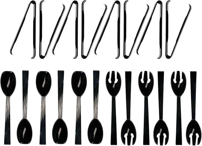 Party Essentials Plastic Party Buffet Serving Utensils Kit, Spoons/Forks/Tongs, 20-Piece, Black