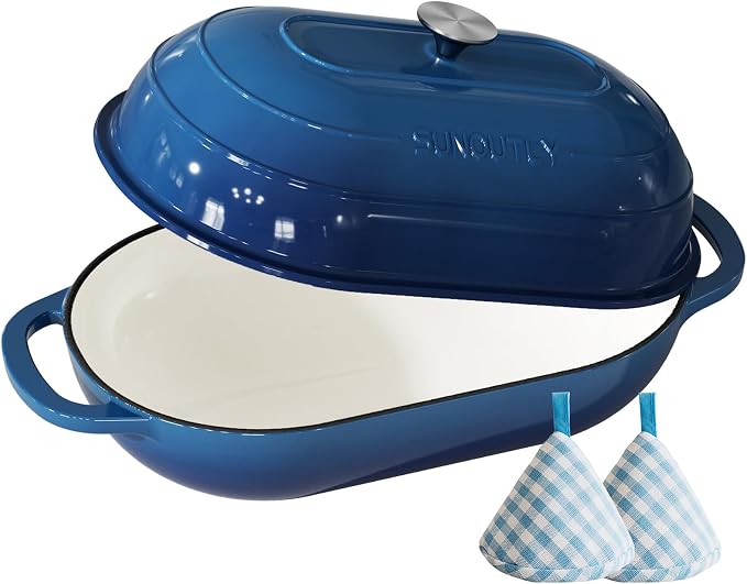 Enameled Cast Iron Bread Oven, 5QT Cast Iron Dutch Oven for Homemade Sourdough Bread Baking, Oval Bread Pot with Dome Lid & Cotton Potholders, Navy Blue
