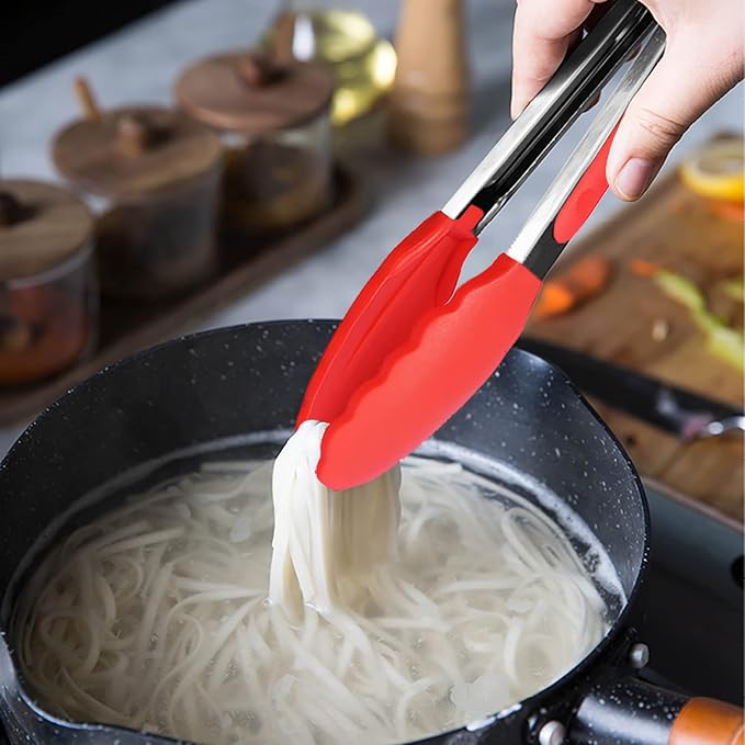 HINMAY 7" Mini Silicone Tongs Small Serving Tongs, Set of 3 (Red)