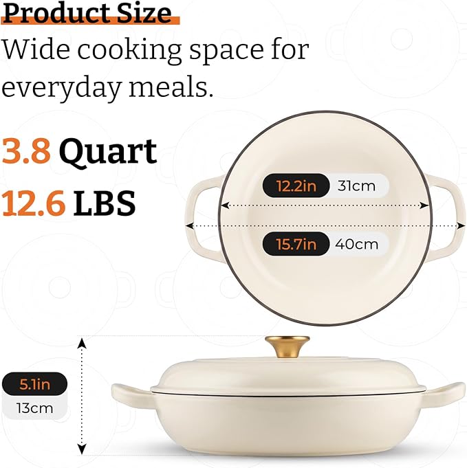 Cast Iron Dutch Oven–3 Layers Enameled Shallow Braiser & Casserole Pot with Lid, Even-Heating, Stovetop & Oven Safe to 500°F, 3.8 Quart for Family & Parties Meals(White)