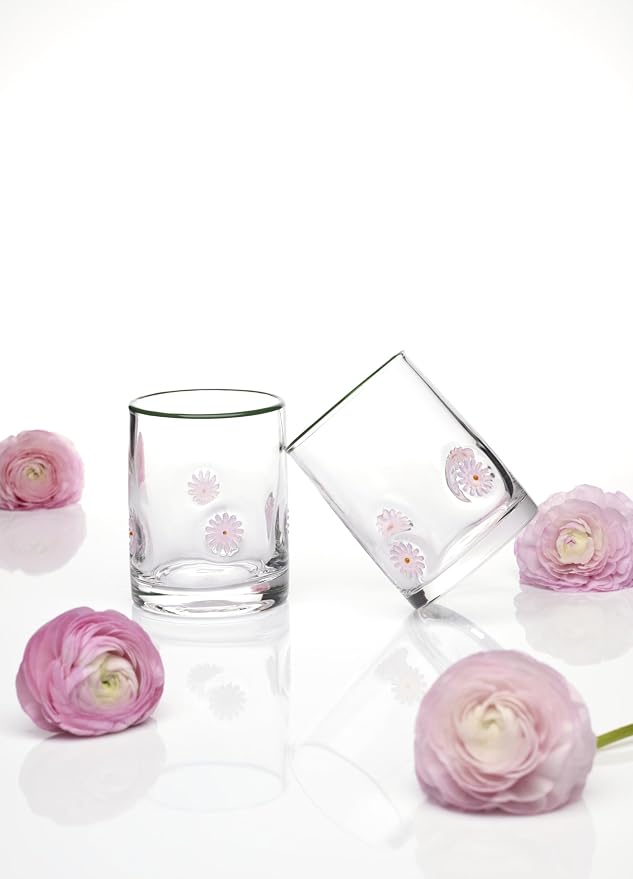 Oneida 24 Seven Flower Glass Tumblers, 12-Oz, Set of 2 | dishwasher safe, glass | embossed daisy design | 12oz cups, cute floral water drinking glasses, gift for mom and women