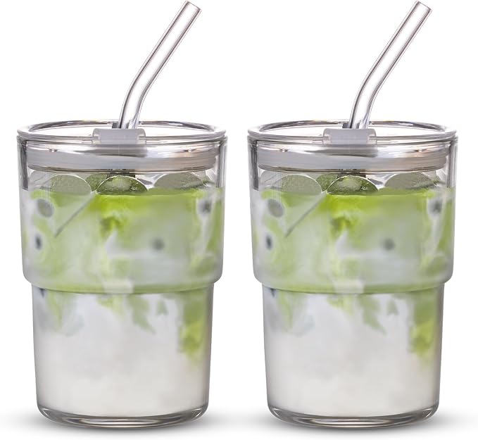 BLUEPOLAR 13oz/400ml Tumbler Water Glass, Cups with Straw and Lid Sealed Carry on for Coffee, Iced Tea, Thick Wall Insulated Glass Cup (white,2pack)